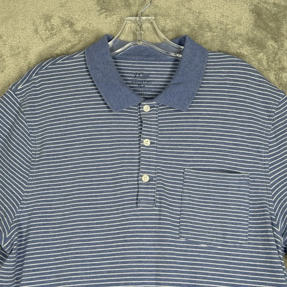 J.Crew Polo Shirt Mens Large Blue Striped Stretch Pique Pocket Short Sleeve‎ Top
